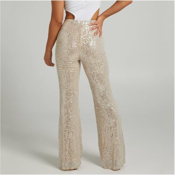 Sequin Flared Wide Leg Party Disco Retro Hipster Artsy Boho Night Sparkle Pants - Picture 1 of 6